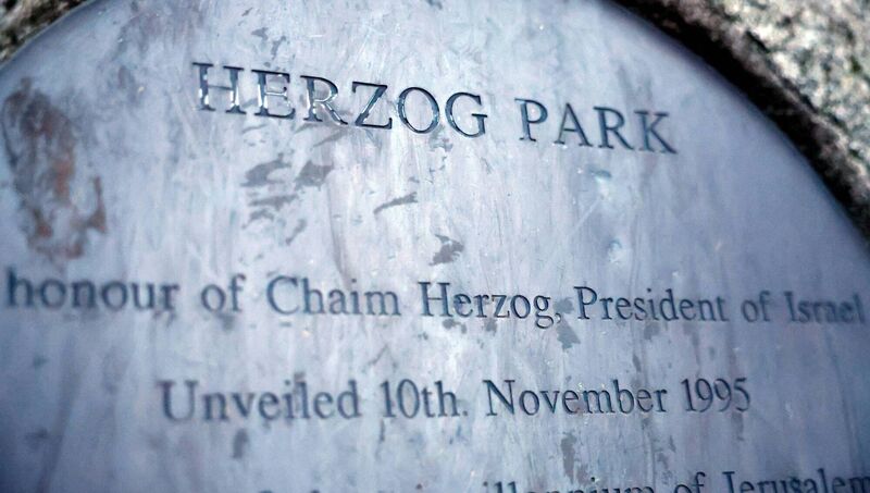 A plaque on a stone reads 'Herzog Park' commemorating Chaim Herzog, Israel's sixth president, who was born in Belfast, as Dublin City Council prepared a motion to rename 'Herzog Park' to 'Hind Rajab Park' after Hind Rajab from Gaza. Picture: Clodagh Kilcoyne/Reuters A plaque on a stone reads 'Herzog Park' commemorating Chaim Herzog, Israel's sixth president, who was born in Belfast, as Dublin City Council prepared a motion to rename 'Herzog Park' to 'Hind Rajab Park' after Hind Rajab from Gaza. Picture: Clodagh Kilcoyne/Reuters