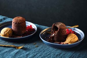 Chocolate fondant with mixed berry compote, salted caramel ice cream