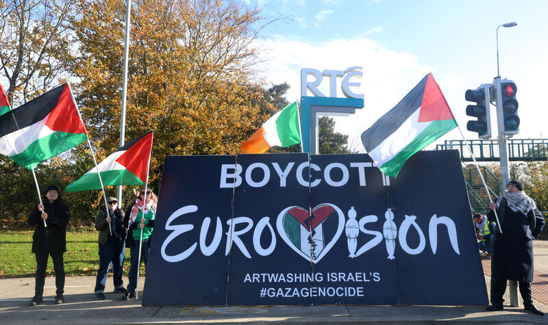  Protesters outside RTÉ studios to support the Ireland-Palestine Solidarity Campaign in support of RTÉ's pledge to boycott Eurovision 2026 should Apartheid Israel take, and calling for RTÉ to go further and vote to expel Israel from the Eurovision at the EBU. Picture: Leah Farrell/© RollingNews.ie