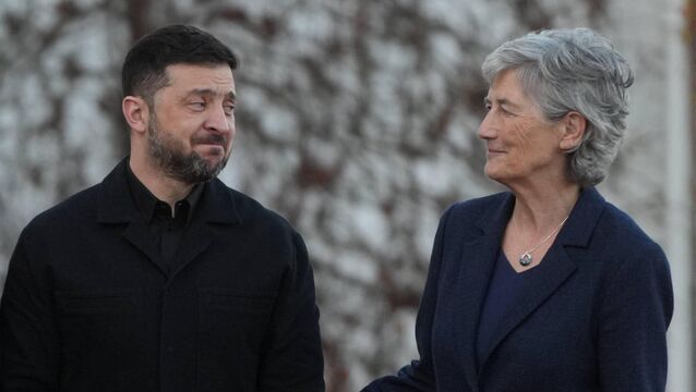<p>Ukrainian President Volodymyr Zelenskiy is welcomed by Ireland's President Catherine Connolly as they arrive at Áras an Úachtaráin during his visit to Ireland. Picture: Brian Lawless/Reuters</p>