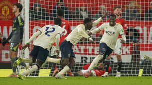 <p>THE LEVELLER: West Ham's Soungoutou Magassa, centre, celebrates after scoring his side's opening goal during the English Premier League soccer match between Manchester United and West Ham United in Manchester, England, Thursday, Dec. 4, 2025. (AP Photo/Ian Hodgson)</p>