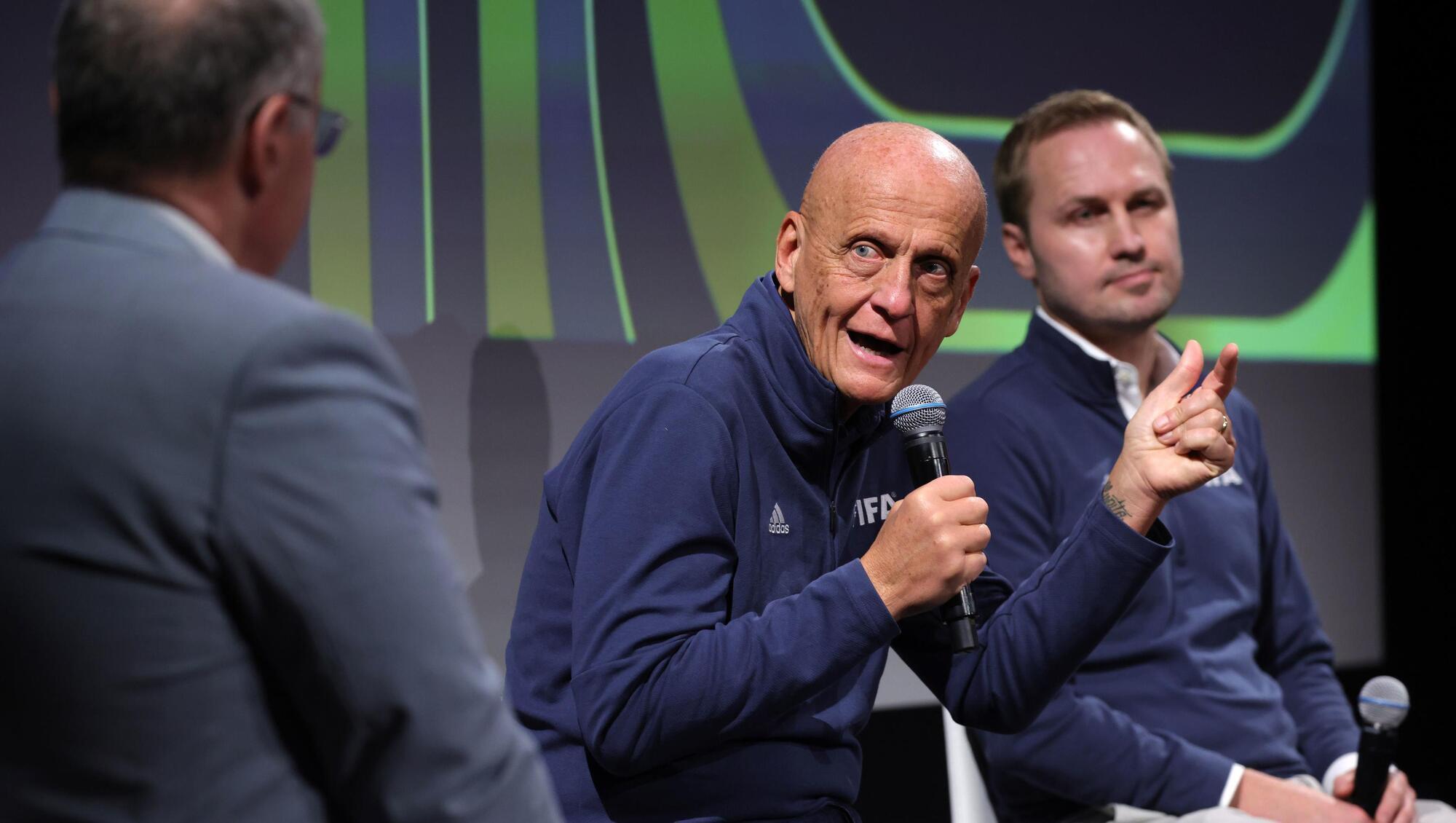BRAINS TRUST: Pierluigi Collina, Chairman of the FIFA Referees Committee (right) and Johannes Holzmuller, FIFA Director of Innovation (right) speak at a panel discussion ahead of the 2026 FIFA World Cup draw at the John F. Kennedy Center for the Performing Arts in Washington, United States. Picture date: Thursday December 4, 2025. PA Photo. Photo credit should read: Sam Corum/PA Wire