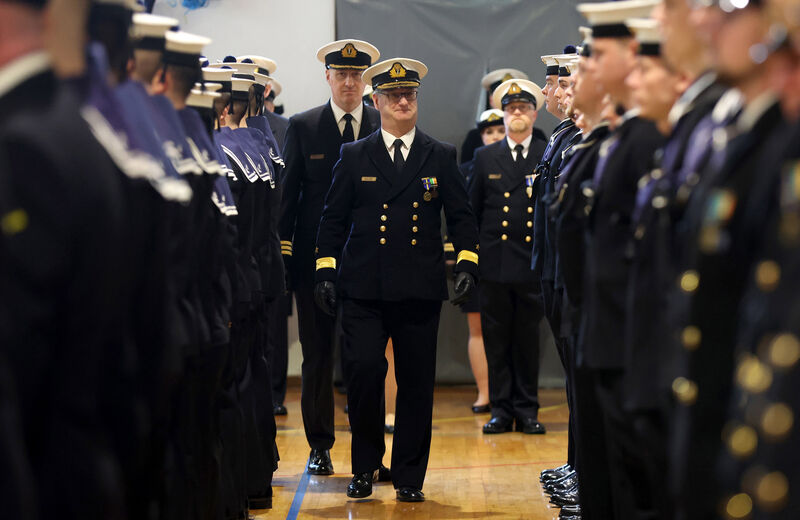 Flag Officer Commanding Naval Service, Commodore Michael Malone with Lt Cdr Stuart Armstrong, during the inspection as part of his stand down parade at Haulbowline Naval Base in Cork. Picture: Jim Coughlan