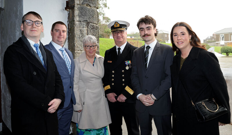  Retiring Commodore Michael Malone with his family members, Cathal, Ciarán, Mary, Pádraic, and Niamh, at Haulbowline on Friday. Picture: Jim Coughlan