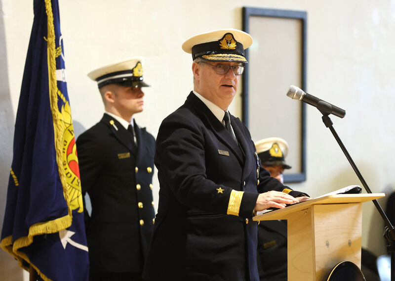  Flag Officer Commanding Naval Service, Commodore Michael Malone, during his address to the parade at Haulbowline on Friday. Picture: Jim Coughlan