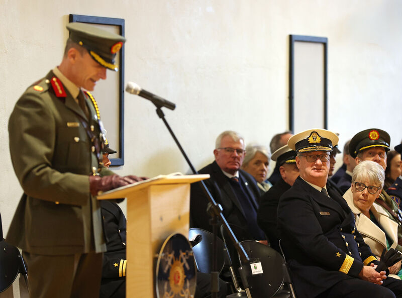  Flag Officer Commanding Naval Service, Commodore Michael Malone and his wife Mary, look on as Assistant Chief of Staff Brigadier General Neil Nolan addresses Cdre Malone's stand down parade. Picture: Jim Coughlan