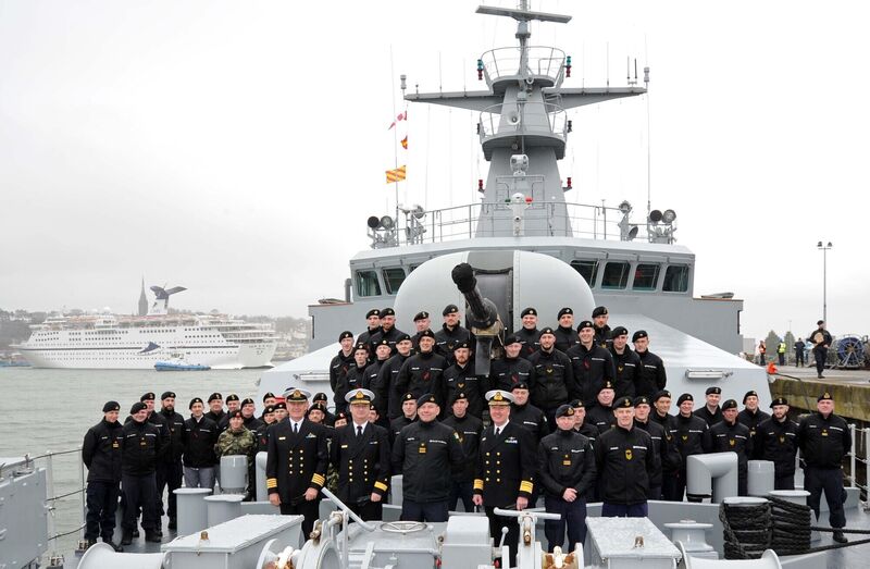Officers and crew on board the LÉ Samuel Beckett at Haulbowline, Cork, prior to deployment with the EUNAV FOR mission Operation Sophia in the Mediterranean in April 2018. Also on board were Vice Admiral Mark Mellett, Chief of Staff of the Defence Forces; Cdre Mick Malone, Flag Officer Commanding the Naval Service, and Capt Brian Fitzgerald, Operations Commander, Naval Service. Picture: Denis Minihane/Irish Examiner Archive
