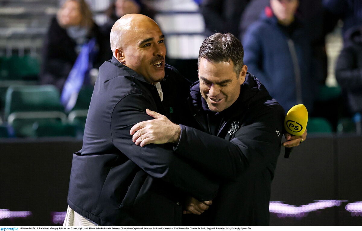 Bath head of rugby Johann van Graan, right, and Simon Zebo before the Investec Champions Cup match between Bath and Munster. Pic: Harry Murphy/Sportsfile