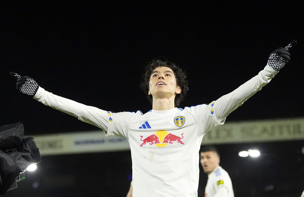 Leeds United's Ao Tanaka celebrates scoring their side's third goal. Photo: Danny Lawson/PA Wire. 