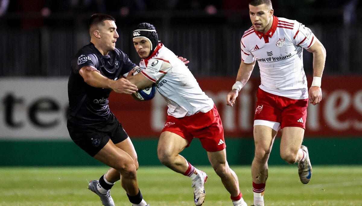 Thaakir Abrahams of Munster is tackled by Cam Redpath of Bath. Pic: Harry Murphy/Sportsfile