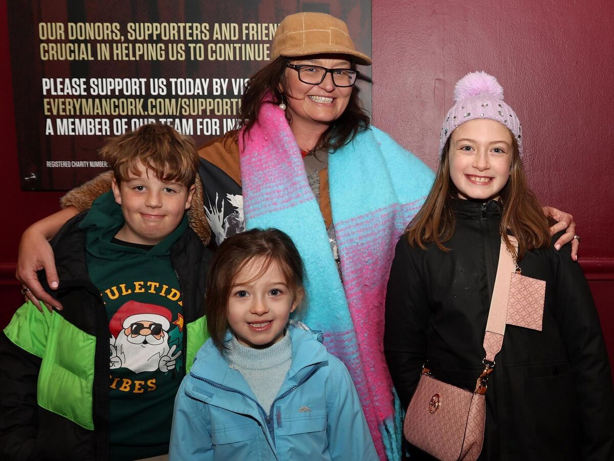  Esther McCarthy with Scott Read, Eliza and Emily Collins, Wilton, at the Everyman Panto. Picture: Jim Coughlan