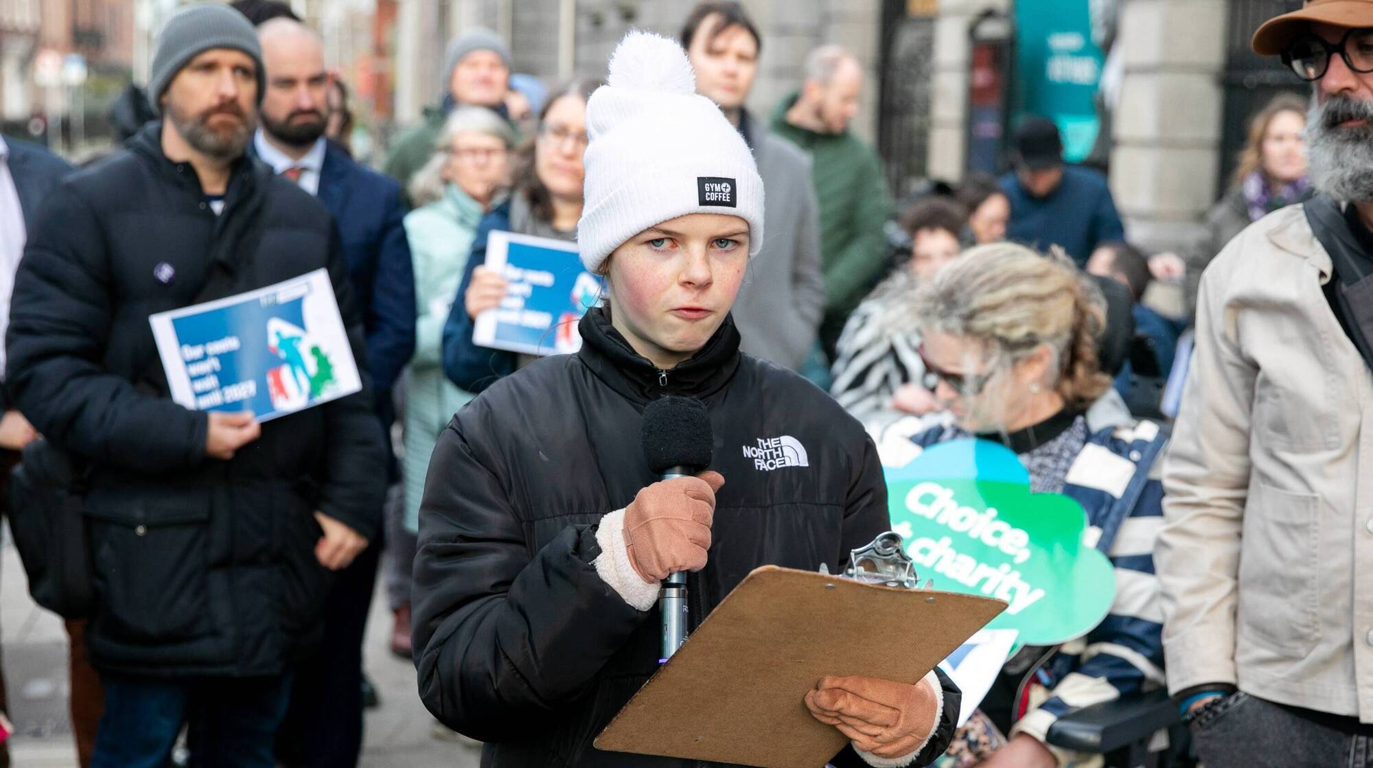 Cara Darmody at the demonstration by the Disability Coalition outside Leinster House today. She is sleeping outside the Dáil for 50 hours — despite Storm Bran — to highlight delays in getting assessment of need for children with disabilities. Photo: Gareth Chaney