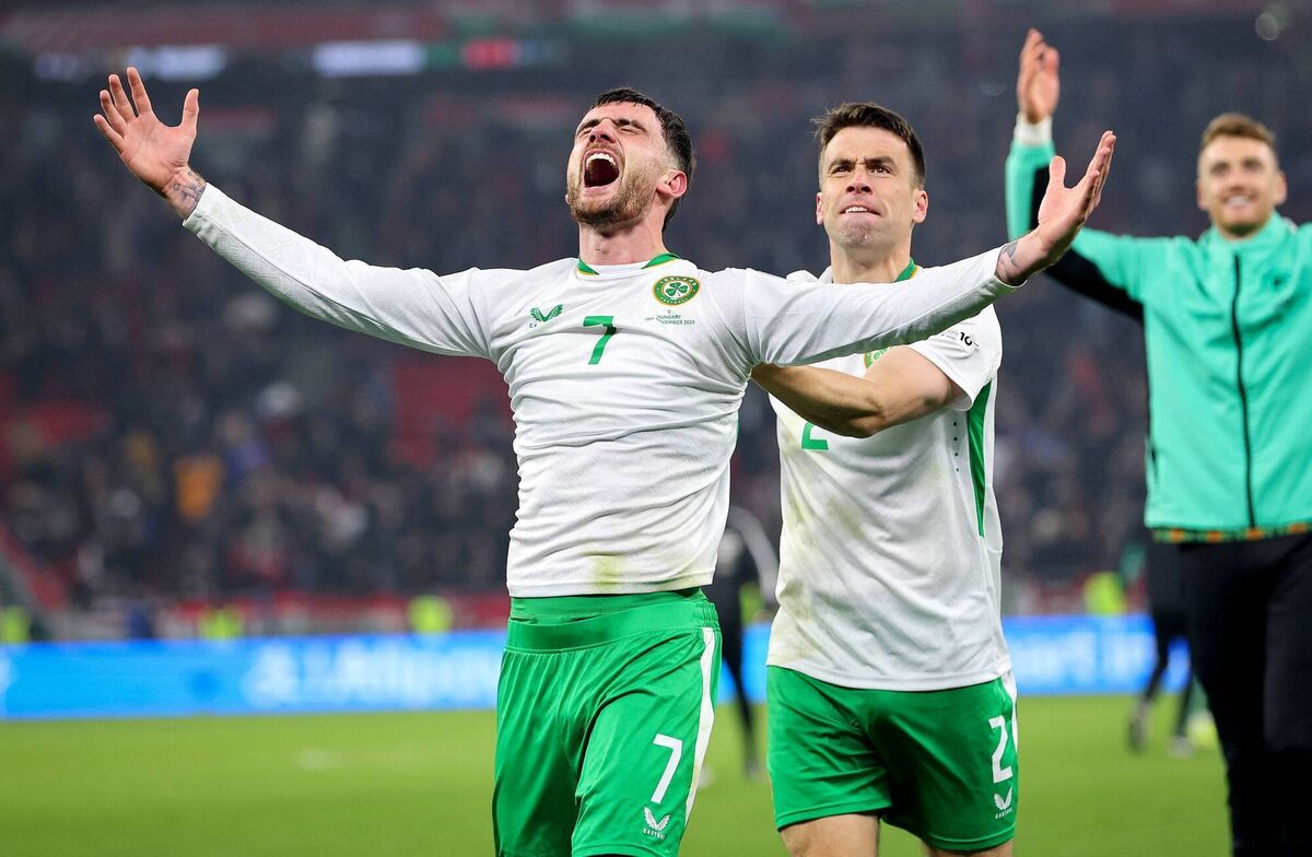 2026 FIFA World Cup Qualifier, Ireland’s Troy Parrott and Séamus Coleman celebrate after the match Photo by ©INPHO/Ryan Byrne