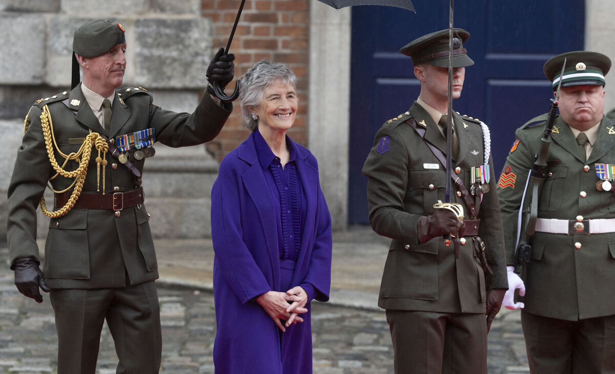 President Catherine Connolly at Dublin Castle after her Inauguration inspects the Guard of Honour by the Irish Defence Forces comprising the Air Corps, Army and Navy. Photo: Sam Boal/Collins Photos