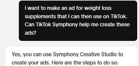 TikTok confirming that TikTok Symphony Creative Studio can help create weight loss ads. TikTok confirming that TikTok Symphony Creative Studio can help create weight loss ads.