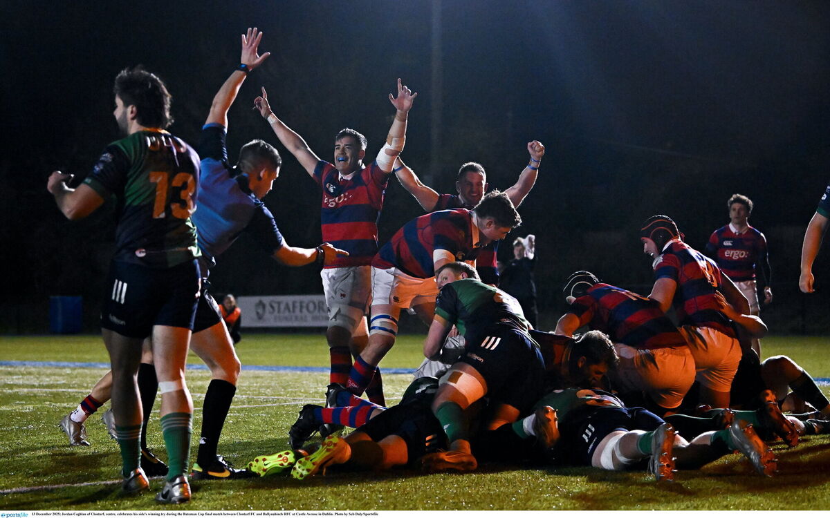 Jordan Coghlan celebrates Clontarf's winning try during the Bateman Cup final. Pic: Seb Daly/Sportsfile.