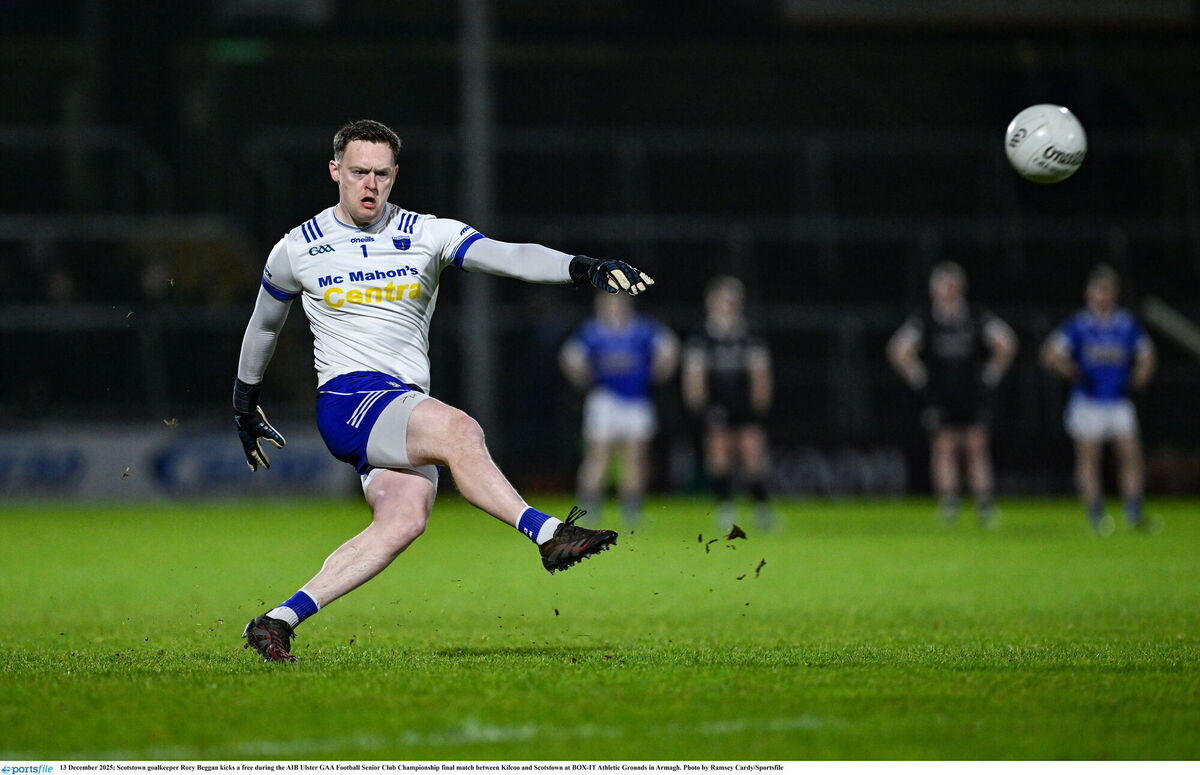 MAN OF THE MATCH: Scotstown goalkeeper Rory Beggan kicks a free. Pic: Ramsey Cardy/Sportsfile