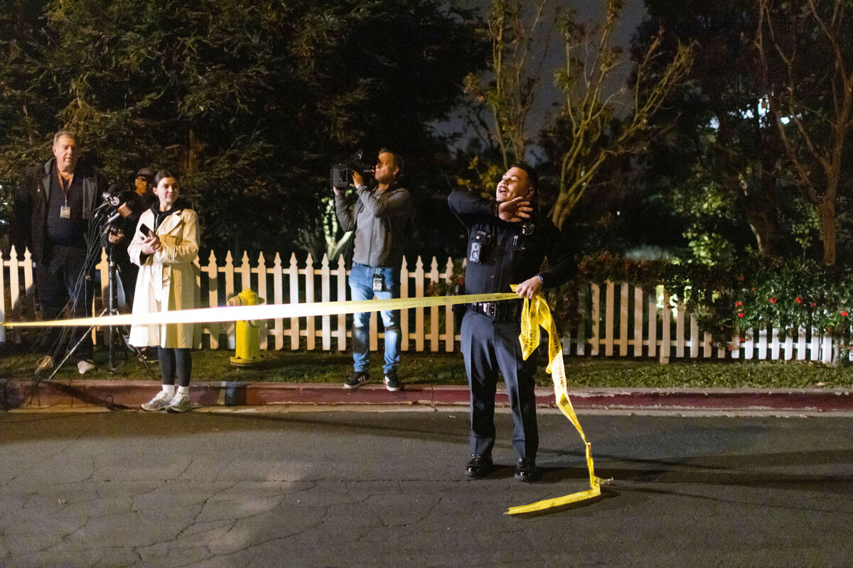 A police officer blocks off a street near Rob Reiner's residence. Picture: AP Photo/Ethan Swope