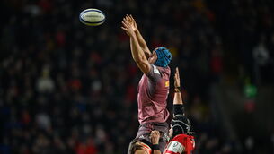 <p>Tadhg Beirne of Munster takes possession in a line-out ahead of Cam Jordan of Gloucester. Pic: Brendan Moran/Sportsfile</p>