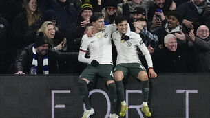 <p>Chelsea's Alejandro Garnacho (left) celebrates scoring their side's first goal of the game. Pic: Nick Potts/PA Wire.</p>