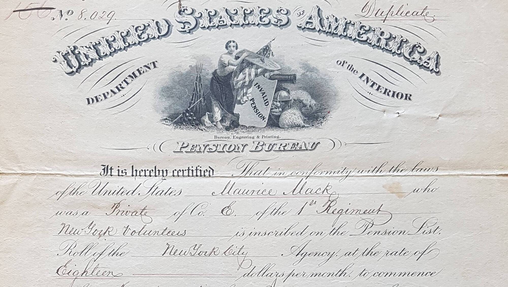 The US Pension Certificate of Maurice McAuliffe, which he used in Co Limerick.