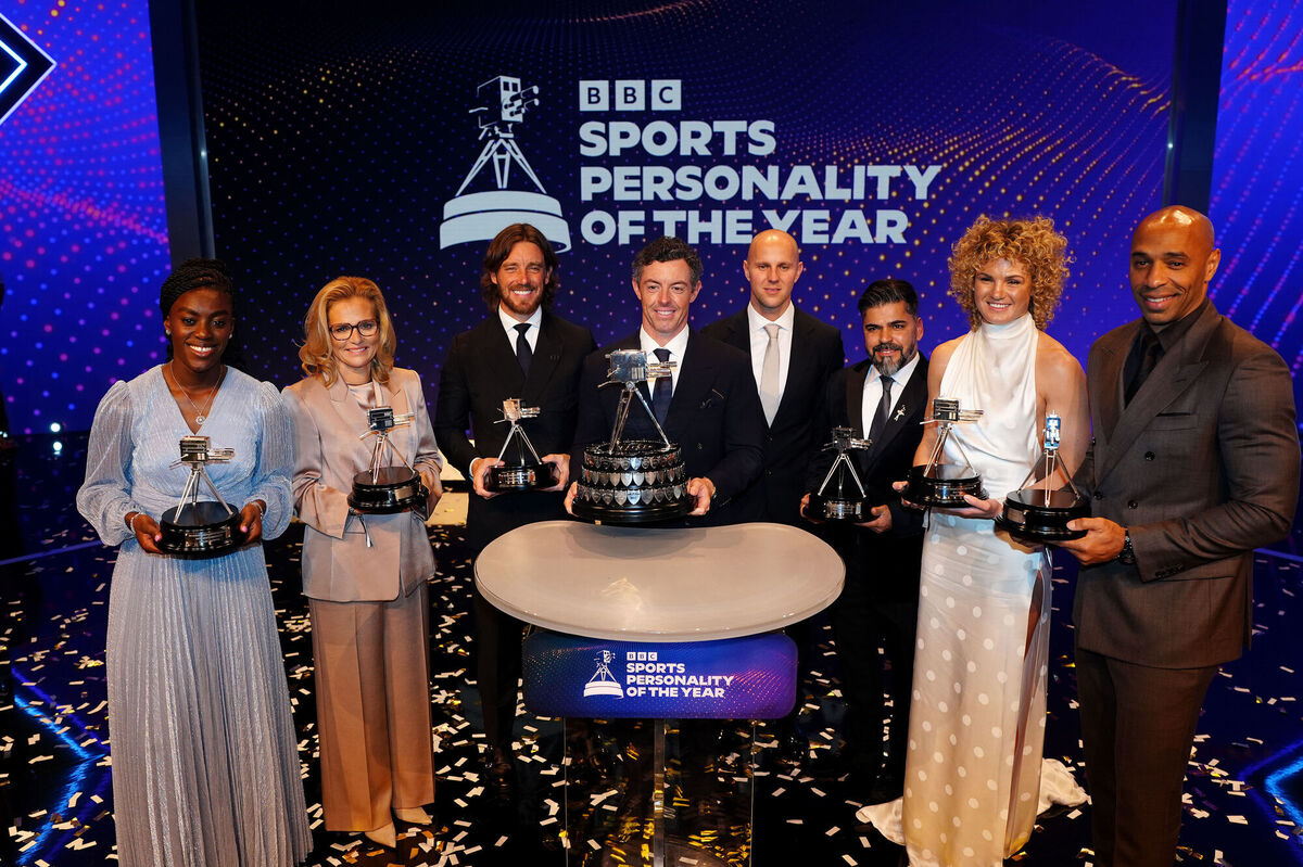 Michelle Agyemang, Tommy Fleetwood, England manager Sarina Wiegman, Rory McIlroy, Ellie Kildunne, Sergio Aguiar, David Stancombe and Thierry Henry during the 2025 BBC Sports Personality of the Year Awards held at dock10 Studios at MediaCityUK, Salford. Picture: David Davies/PA Wire. 