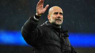 <p>ON SONG: Manchester City manager Pep Guardiola acknowledges the fans following victory in the Carabao Cup quarter final match at the Etihad Stadium.</p>