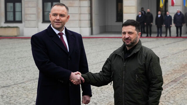 <p>Polish President Karol Nawrocki and Ukrainian President Volodymyr Zelenskyy (Czarek Sokolowski/AP)</p>