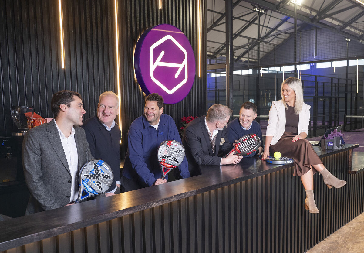 Kevin Canning, CEO Quintas Capital with four of the five founders of the Hive, Tim Murphy, Eric Otto, Dave Farrell, Rory Dennis and Kim Ronayne, Investor Relations Manager, Quintas Capital. Picture: Gerard McCarthy.