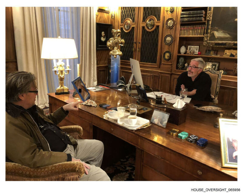 Jeffrey Epstein talking with Steve Bannon. (House Oversight Committee via AP)