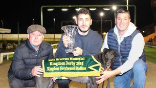 <p>WINNER: Paudie Clifford with his greyhound Solo And Go after winning the 2025 Eric Browne Memorial Kingdom Derby Final last night in Tralee with sponsor Berkie Browne and Shane Dowling from Ballymac Kennels. Picture: ingdom Greyhound Stadium</p>