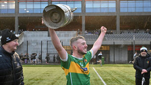 <p> Pat Horgan, Chairman of the County Board presented Shandrum captain Cillian Quinn with the U21 'A' hurling championship trophy after their victory over midleton in the final at SuperValu Páirc Uí Chaoimh. Picture: Dan Linehan</p>