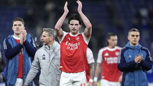 <p>LEADER: Arsenal's Declan Rice (centre) applauds the fans following victory in the Premier League match at the Hill Dickinson Stadium, Liverpool. Picture: Peter Byrne/PA Wire. </p>