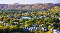 The beautiful panoramic autumn view from top of Saint-Sauveur mountain in Quebec Canada