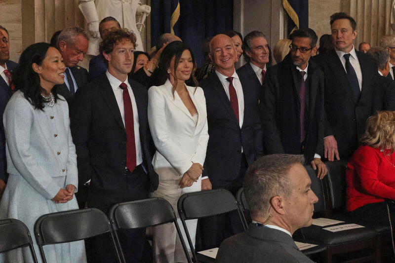 Priscilla Chan, Mark Zuckerberg (Facebook/Meta), Lauren Sánchez, Jeff Bezos (Amazon), Sundar Pichai (Google), and Elon Musk (Twitter/X) at Donald Trump's inauguration in January. Ireland occupies an outsize space in wrangles over social media, partly due to the strong Irish corporate presence of the US tech behemoths. Picture: Chip Somodevilla/Pool/AP Priscilla Chan, Mark Zuckerberg (Facebook/Meta), Lauren Sánchez, Jeff Bezos (Amazon), Sundar Pichai (Google), and Elon Musk (Twitter/X) at Donald Trump's inauguration in January. Ireland occupies an outsize space in wrangles over social media, partly due to the strong Irish corporate presence of the US tech behemoths. Picture: Chip Somodevilla/Pool/AP