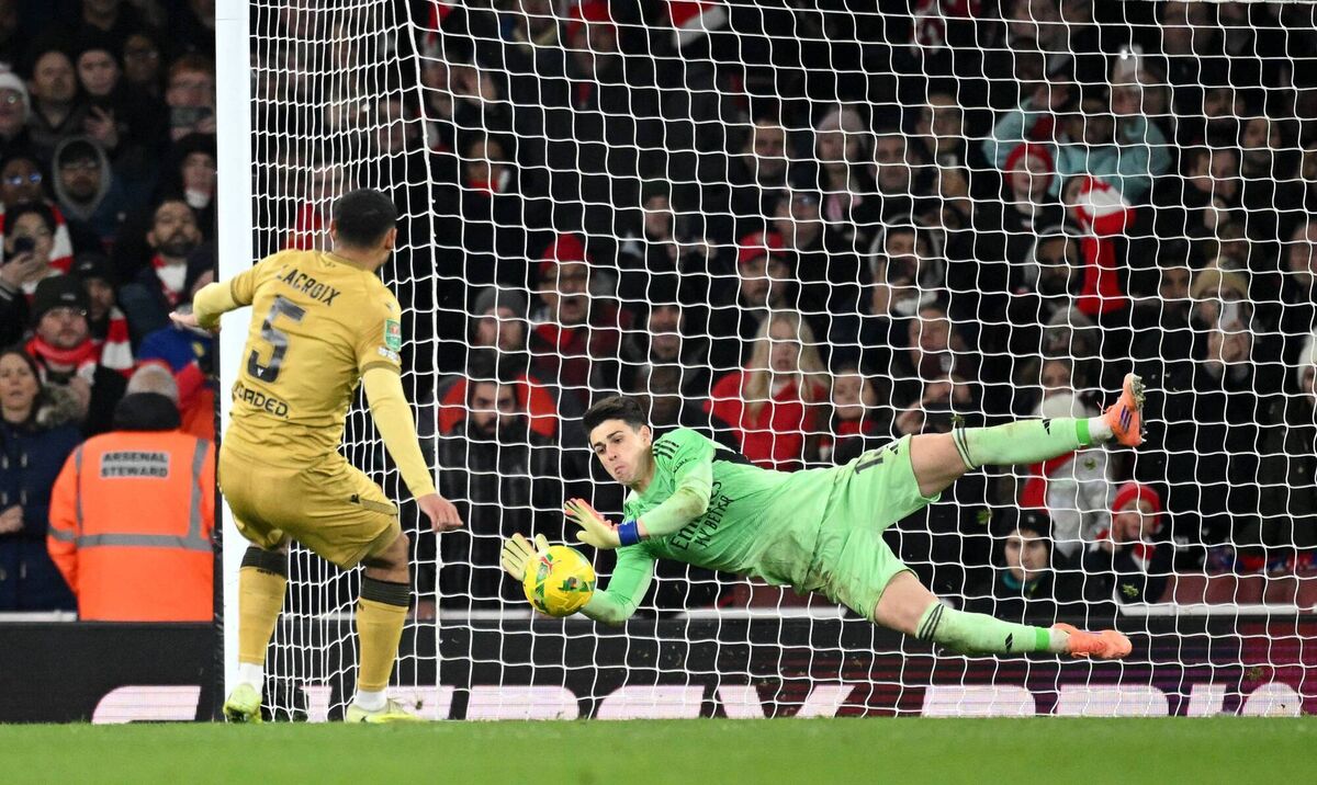 Kepa Arrizabalaga saves the eighth penalty from Maxence Lacroix. Pic: Clive Mason/Getty Images.