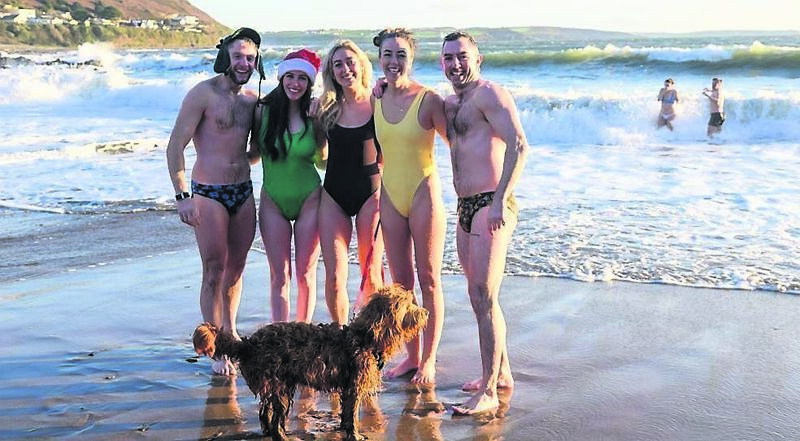 Kevin Twomey, Amy Winning, Siobhan O’Shea, Pádraig Wilson McCarthy, and Faye Ormond enjoying their Christmas Day swim at a sunny Myrtleville, Co Cork. 	Picture: Dan Linehan
                    