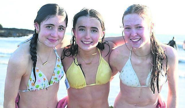 Aoife Harte, Juliette Harte, and Nyah Burns from Timoleague at the Golden Jubilee Swim in Courtmacsherry, Co Cork. Picture: Martin Walsh
                    