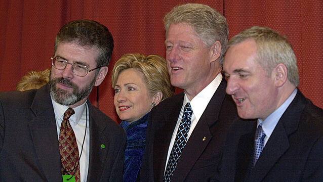 <p>Then Sinn Féin leader Gerry Adams meeting former US president Bill Clinton, his wife Hillary Clinton with then taoiseach Bertie Ahern at the Guinness Storehouse. Picture: RollingNews.ie</p>