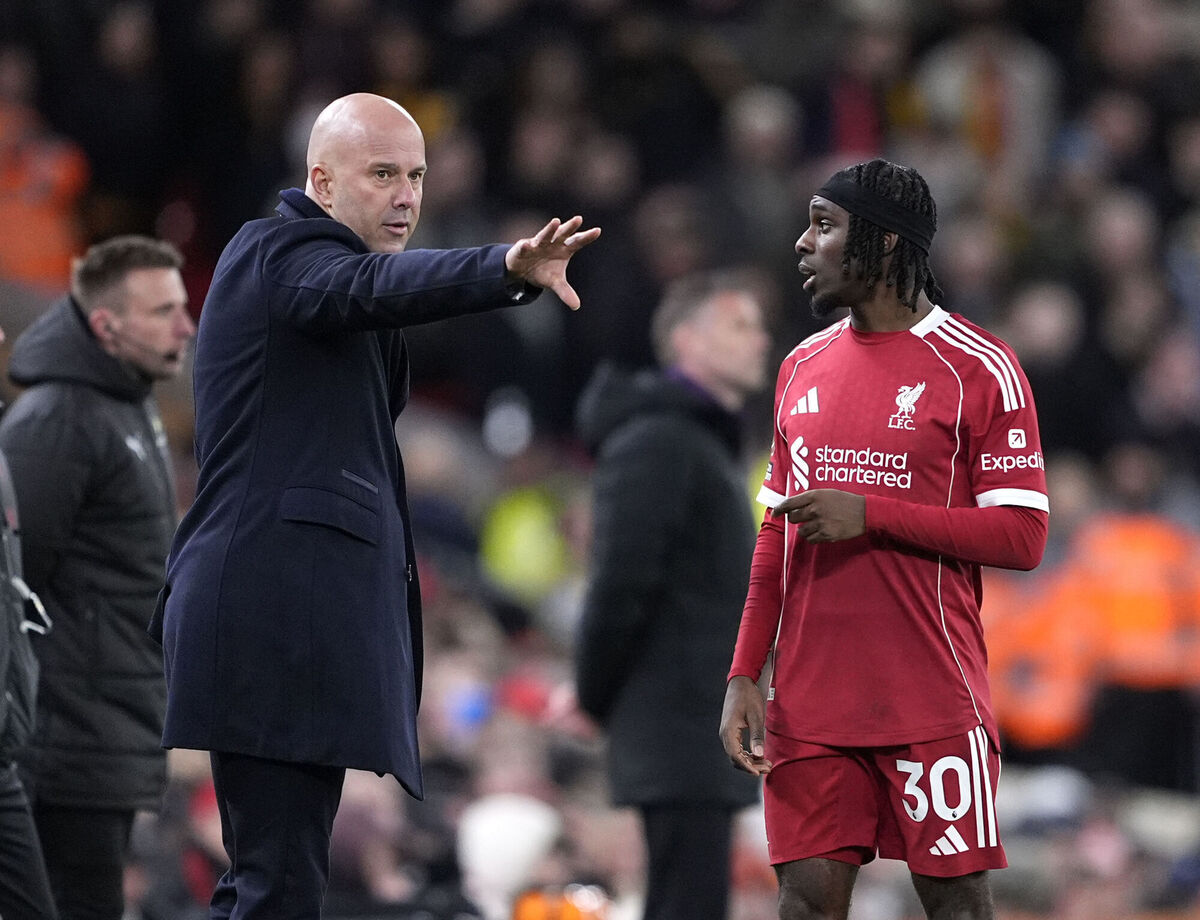 PLENTY TO DO: Liverpool manager Arne Slot addresses Jeremie Frimpong on the touchline during the Premier League match at Anfield, Liverpool. Pic: Peter Byrne/PA Wire