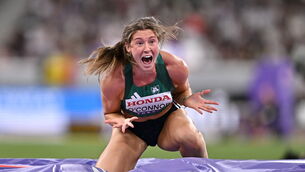 <p>YEAR TO REMEMBER: Kate O'Connor celebrates a clearance of 1.86m, a personal best, in the Women's Heptathlon High Jump event. Picture: Sam Barnes/Sportsfile</p>