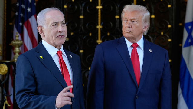 <p>US President Donald Trump listens as Israel’s Prime Minister Benjamin Netanyahu speaks during an arrival at his Mar-a-Lago club (Alex Brandon/AP)</p>
