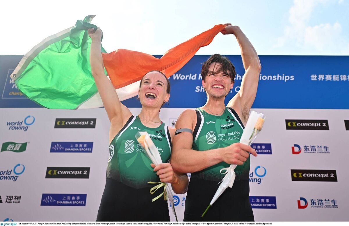 OPEN WINNERS: Mags Cremen and Fintan McCarthy of team Ireland celebrate after winning Gold in the Mixed Double Scull final during the 2025 World Rowing Championships at the Shanghai Water Sports Centre in Shanghai, China. Photo by Benedict Tufnell/Sportsfile 