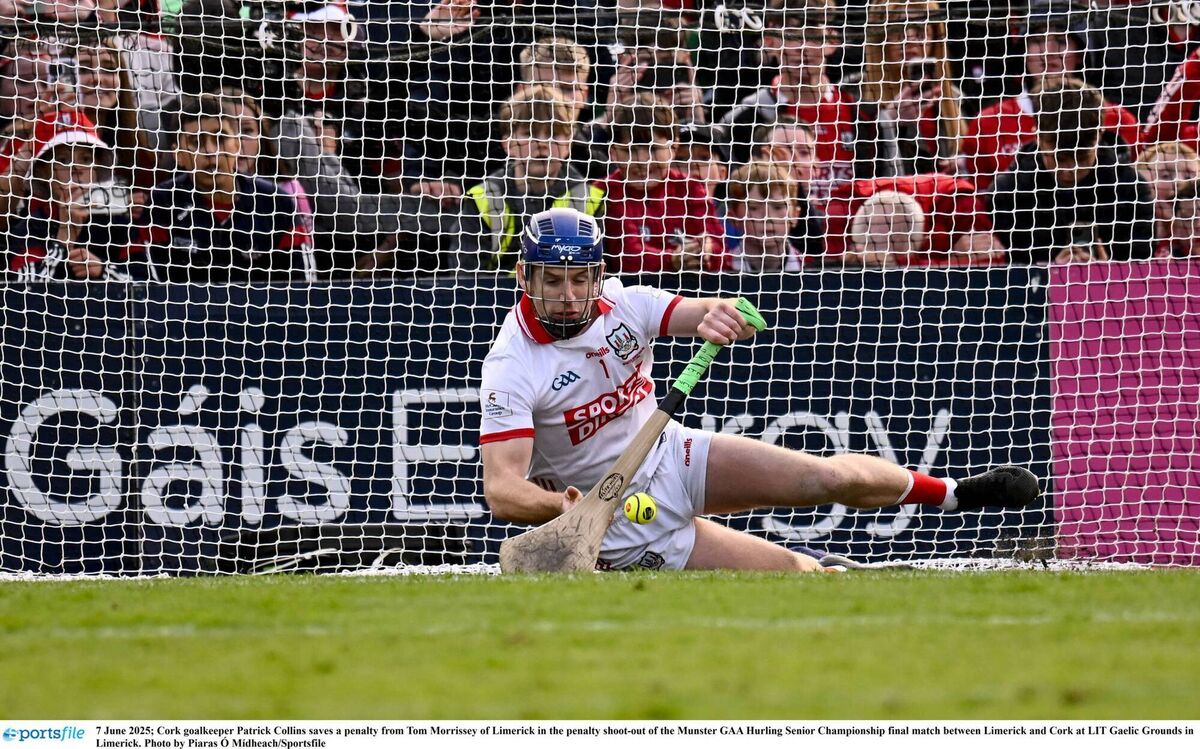 HERO: Cork goalkeeper Patrick Collins saves a penalty from Tom Morrissey of Limerick in the penalty shoot-out of the Munster SHC final at TUS Gaelic Grounds in Limerick. Photo by Piaras Ó Mídheach/Sportsfile