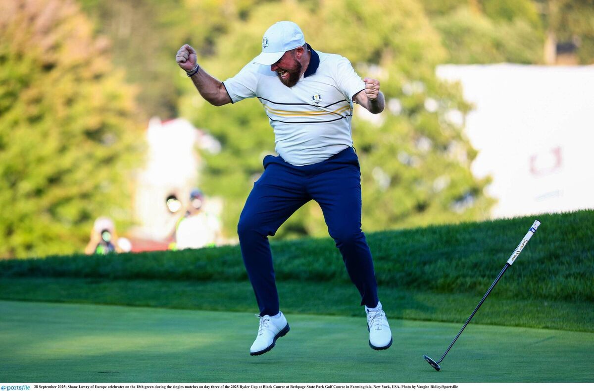 DANCING FOR JOY: Shane Lowry of Europe celebrates on the 18th green after clinching the  Ryder Cup at Black Course at Bethpage State Park in Farmingdale, New York, USA. Photo by Vaughn Ridley/Sportsfile