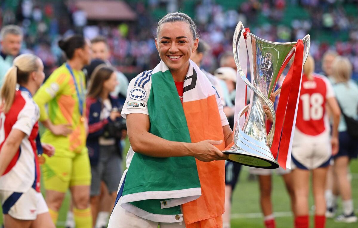 BIG CUP: Katie McCabe of Arsenal with the UEFA Women's Champions League trophy after defeating FC Barcelona at Estadio Jose Alvalade on May 24, 2025 in Lisbon, Portugal. (Photo by David Ramos/Getty Images)