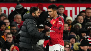 <p>FRUSTRATED FANS: Manchester United manager Ruben Amorim (left) speaks to Manchester United's Casemiro on the touchline </p>