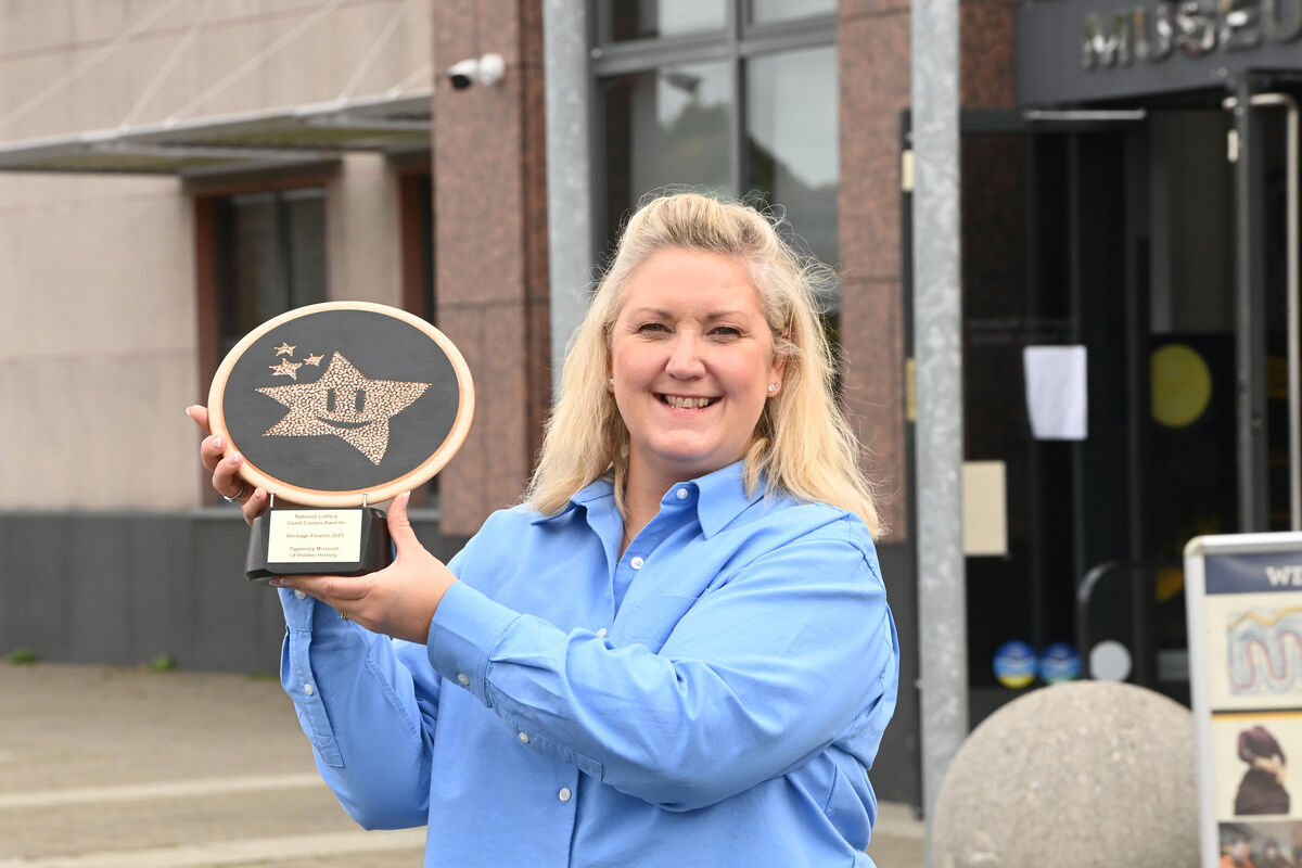 Marie McMahon with the trophy for Heritage Finalists given to Tipperary Museum of Hidden History at this years National Lottery Good Causes Awards 2025. 