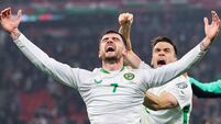 Troy Parrott and Séamus Coleman celebrate after the match 16/11/2025