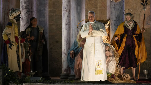 <p>Pope Leo stops for a moment of prayer in front of the nativity scene in St Peter’s Square at the Vatican (Andrew Medichini/AP)</p>